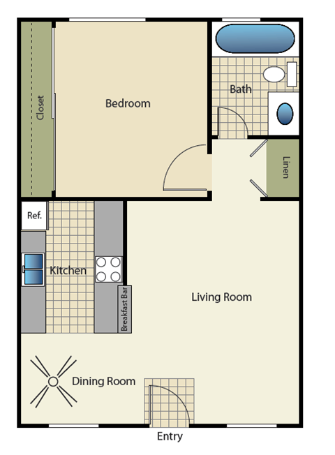 Floor plan for 1 bed, 1 bath, 700 sqft